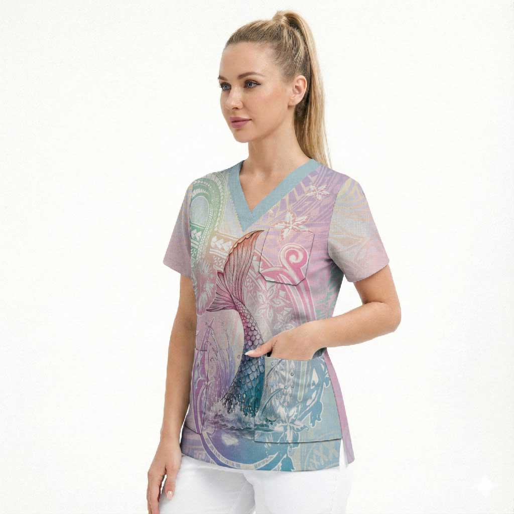 Hawaii Mermaid Sweet Pastel Scrub Top Polynesian Pattern Fish Hook LT01 - Polynesian Pride