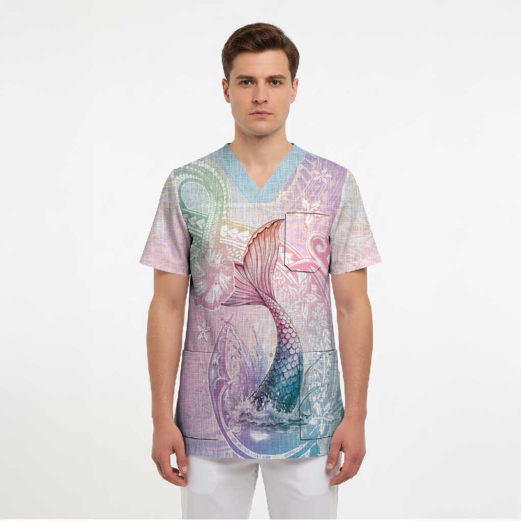 Hawaii Mermaid Sweet Pastel Scrub Top Polynesian Pattern Fish Hook LT01 - Polynesian Pride