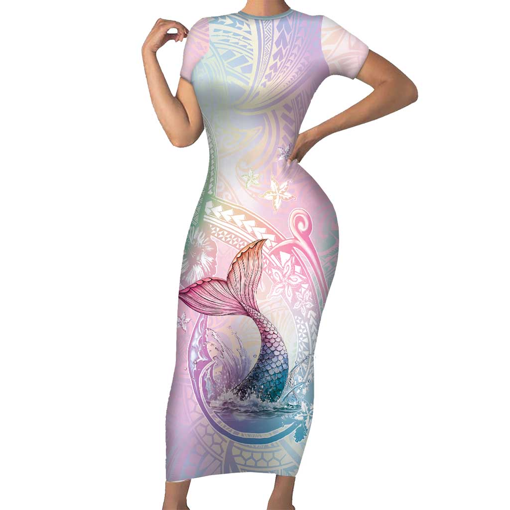 Hawaii Mermaid Sweet Pastel Short Sleeve Bodycon Dress Polynesian Pattern Fish Hook LT01 Long Dress Multicolor - Polynesian Pride