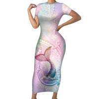 Hawaii Mermaid Sweet Pastel Short Sleeve Bodycon Dress Polynesian Pattern Fish Hook LT01 Long Dress Multicolor - Polynesian Pride