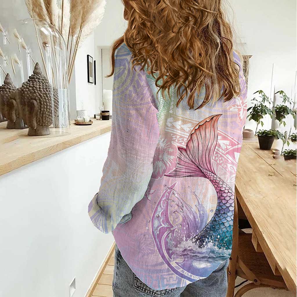 Hawaii Mermaid Sweet Pastel Women Casual Shirt Polynesian Pattern Fish Hook LT01 - Polynesian Pride