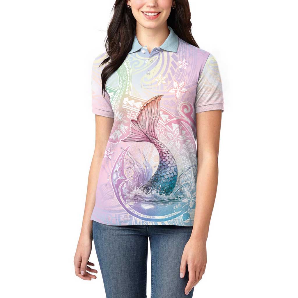 Hawaii Mermaid Sweet Pastel Women Polo Shirt Polynesian Pattern Fish Hook LT01 - Polynesian Pride