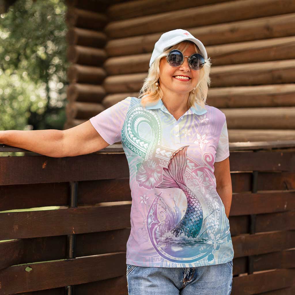 Hawaii Mermaid Sweet Pastel Women Polo Shirt Polynesian Pattern Fish Hook LT01 - Polynesian Pride