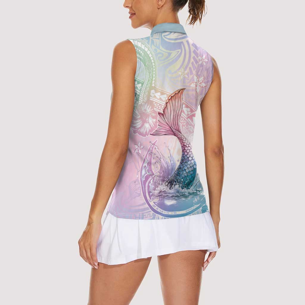 Hawaii Mermaid Sweet Pastel Women Sleeveless Polo Shirt Polynesian Pattern Fish Hook LT01 - Polynesian Pride