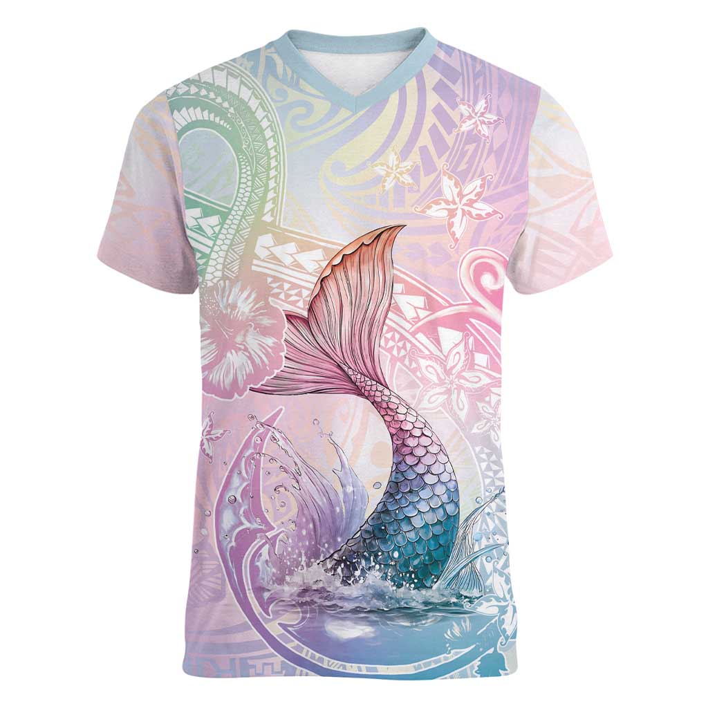 Hawaii Mermaid Sweet Pastel Women V-Neck T-Shirt Polynesian Pattern Fish Hook LT01 Female Multicolor - Polynesian Pride