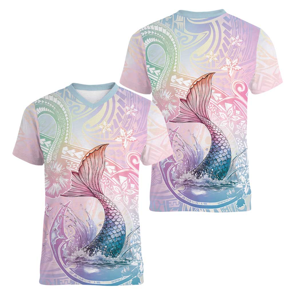 Hawaii Mermaid Sweet Pastel Women V-Neck T-Shirt Polynesian Pattern Fish Hook LT01 - Polynesian Pride