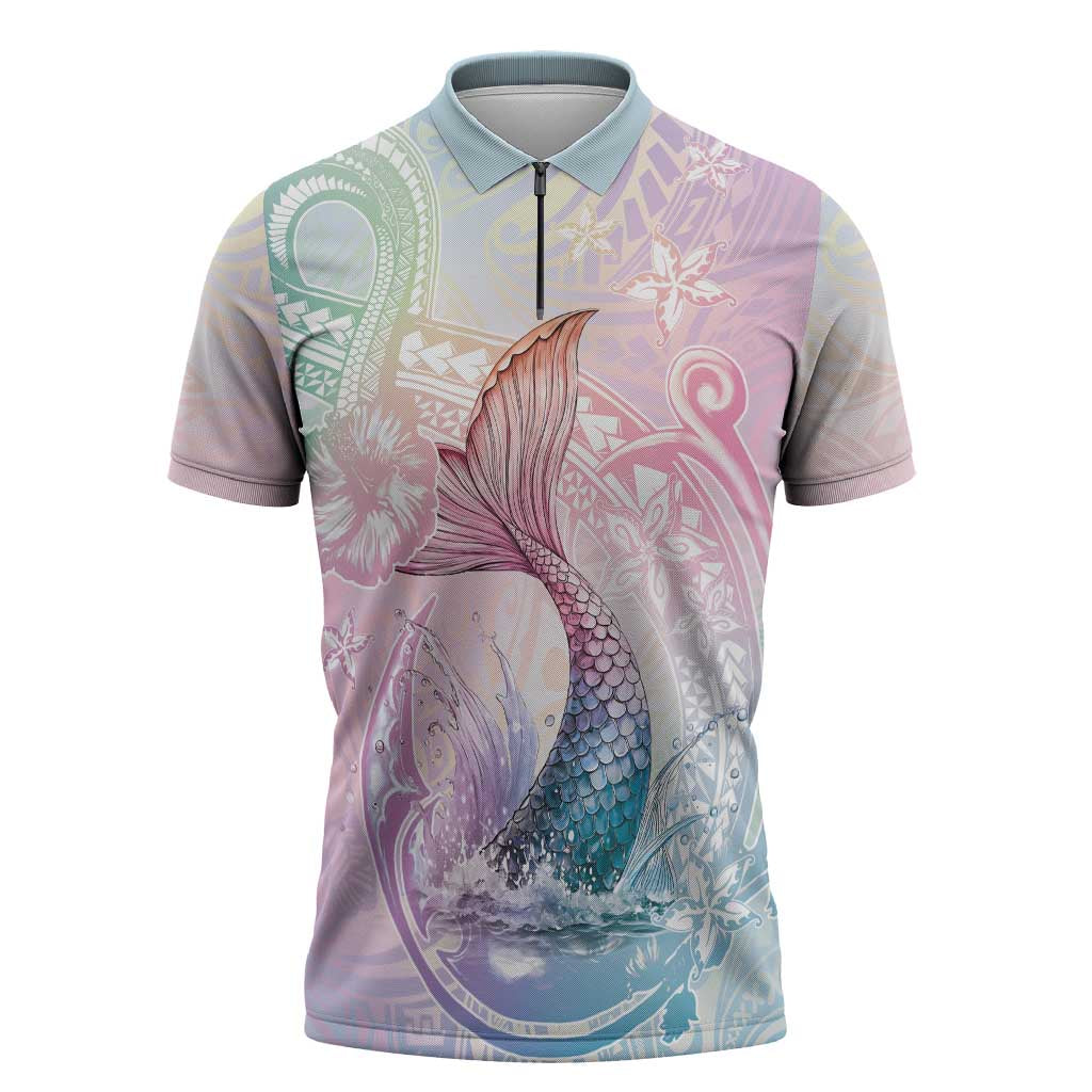 Hawaii Mermaid Sweet Pastel Zipper Polo Shirt Polynesian Pattern Fish Hook LT01 Multicolor - Polynesian Pride