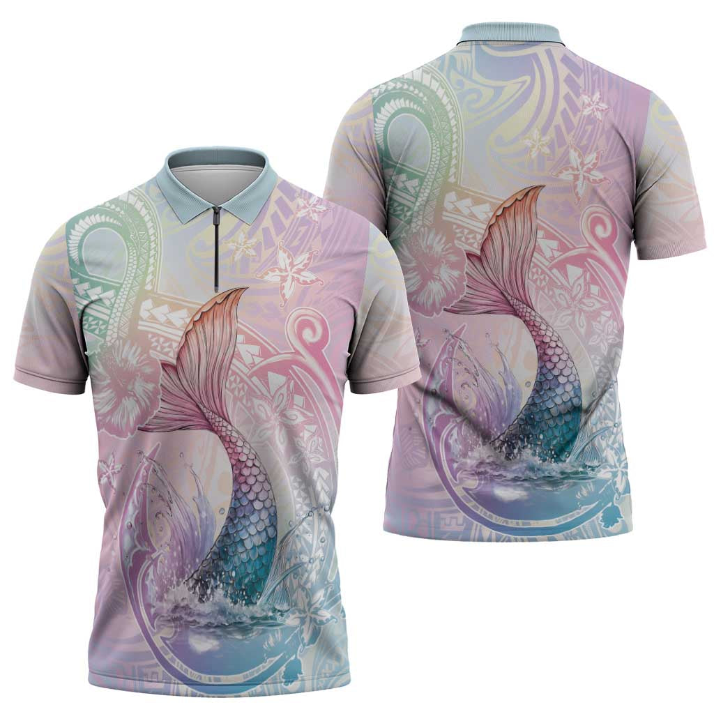 Hawaii Mermaid Sweet Pastel Zipper Polo Shirt Polynesian Pattern Fish Hook LT01 - Polynesian Pride