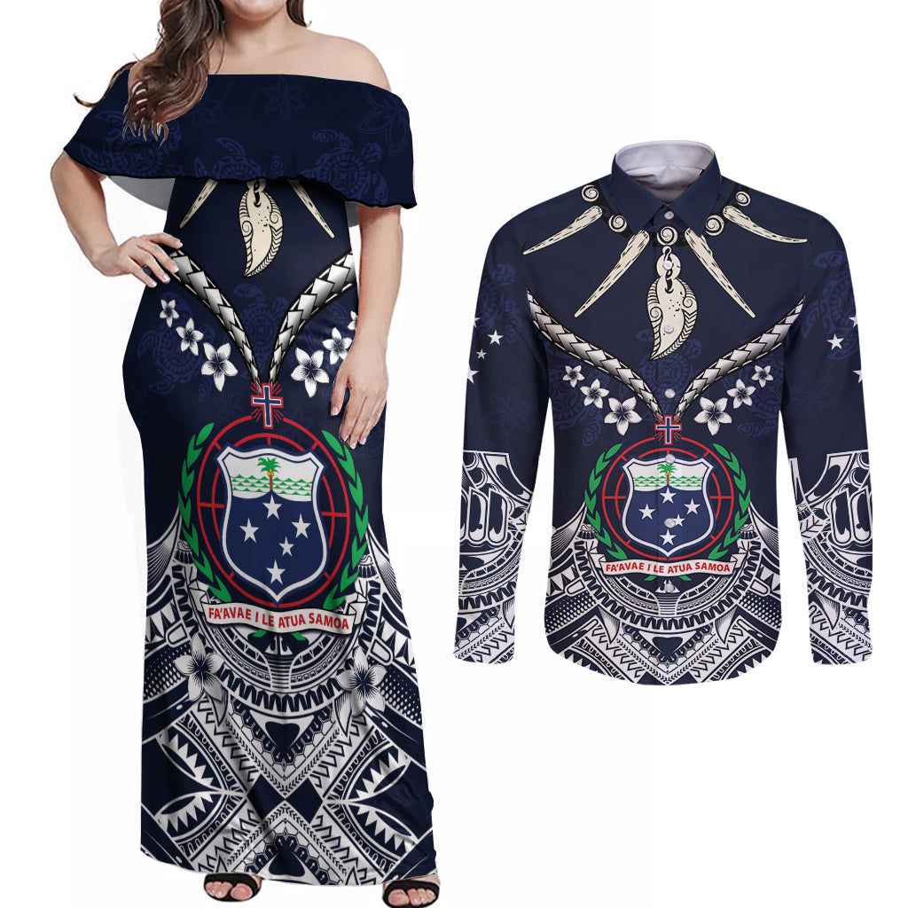 Samoa Independence Day Couples Matching Off Shoulder Maxi Dress and Long Sleeve Button Shirt Ula Nifo Mix Turtle