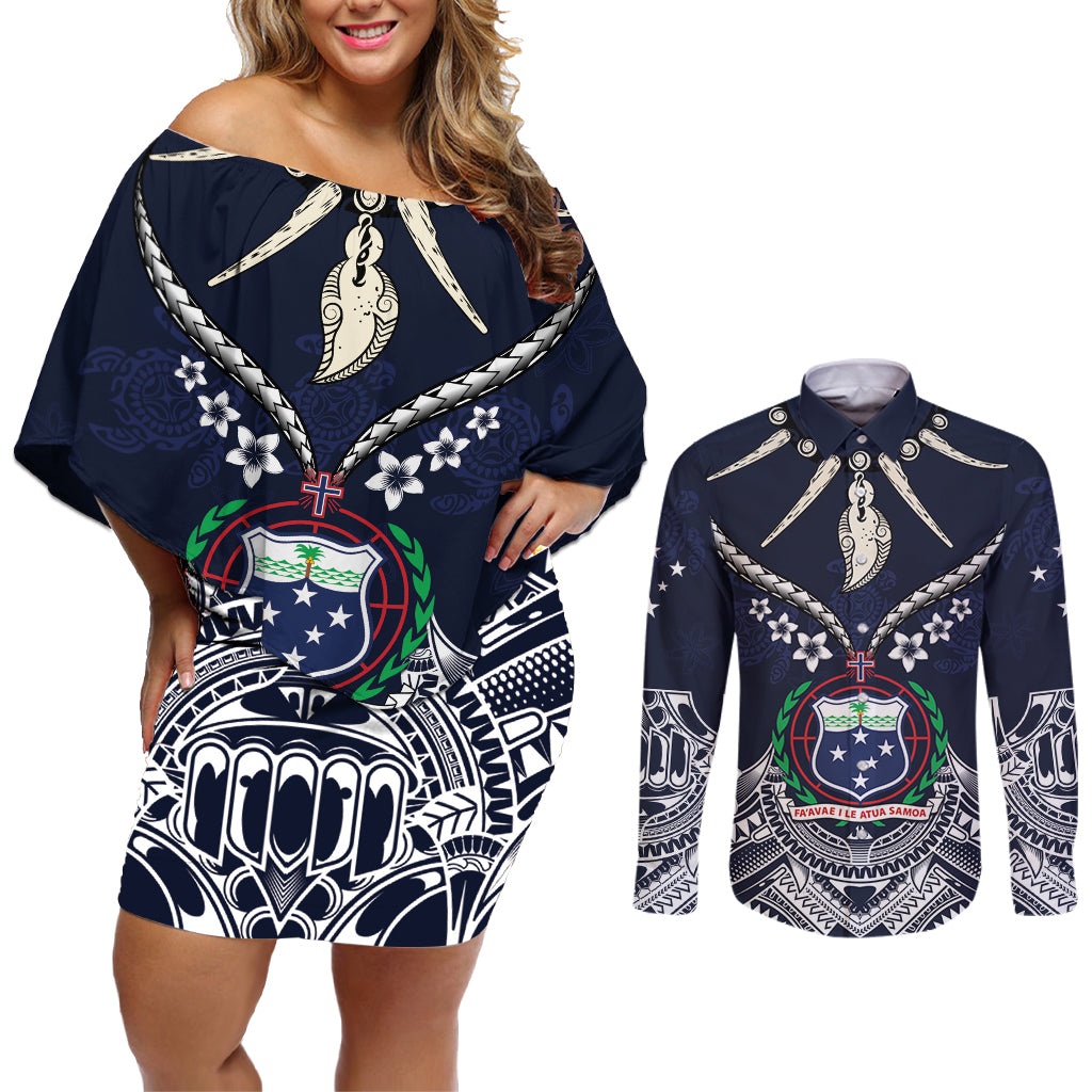 Samoa Independence Day Couples Matching Off Shoulder Short Dress and Long Sleeve Button Shirt Ula Nifo Mix Turtle