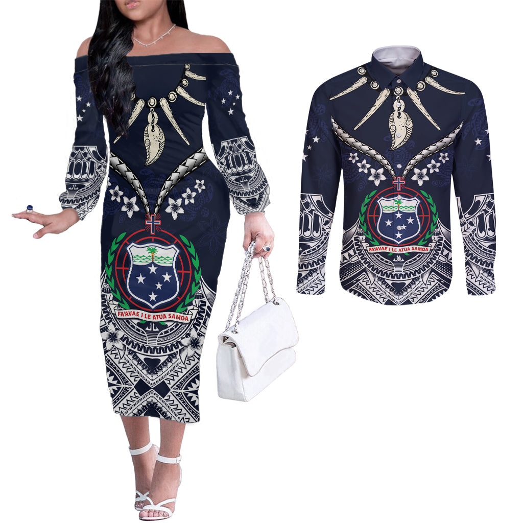 Samoa Independence Day Couples Matching Off The Shoulder Long Sleeve Dress and Long Sleeve Button Shirt Ula Nifo Mix Turtle