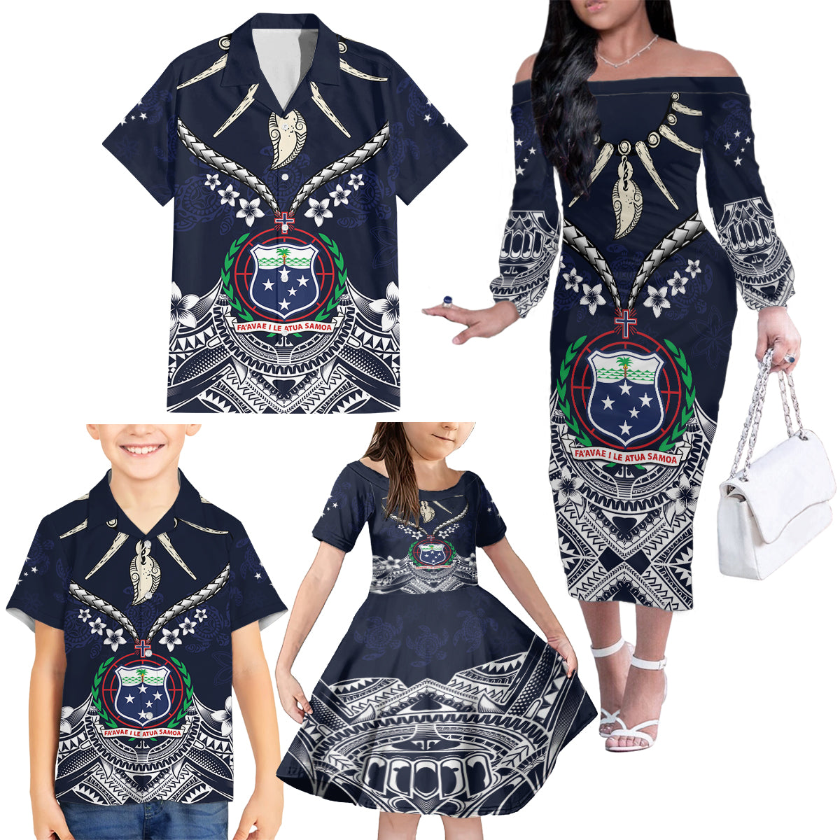 Samoa Independence Day Family Matching Off The Shoulder Long Sleeve Dress and Hawaiian Shirt Ula Nifo Mix Turtle