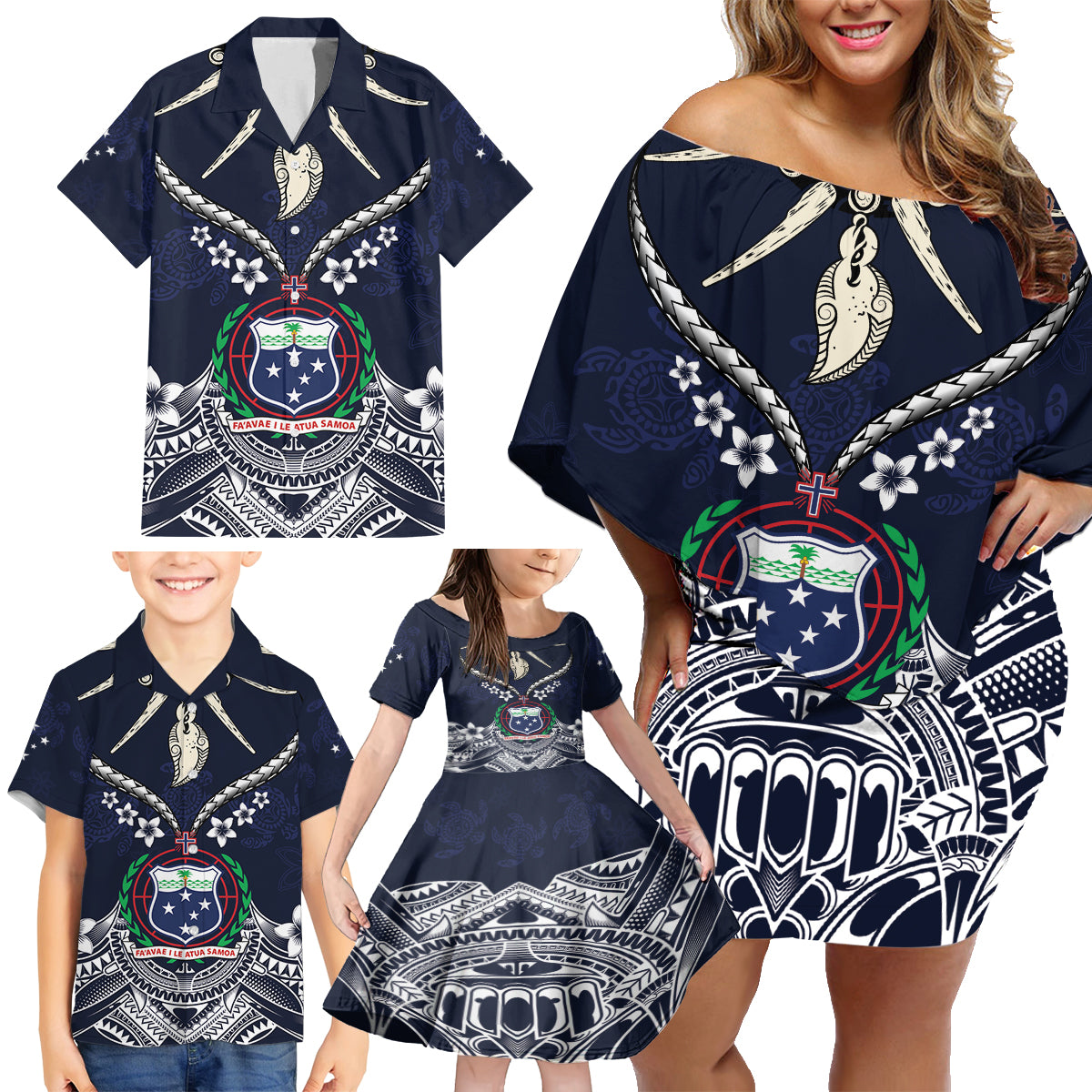 Samoa Independence Day Family Matching Off Shoulder Short Dress and Hawaiian Shirt Ula Nifo Mix Turtle