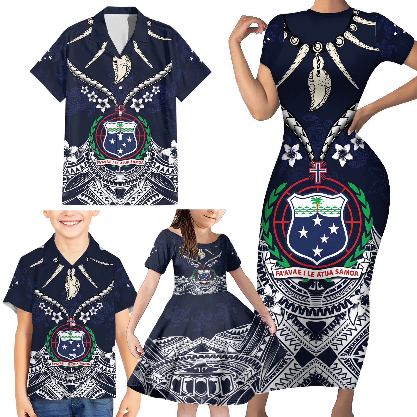 Samoa Independence Day Family Matching Short Sleeve Bodycon Dress and Hawaiian Shirt Ula Nifo Mix Turtle