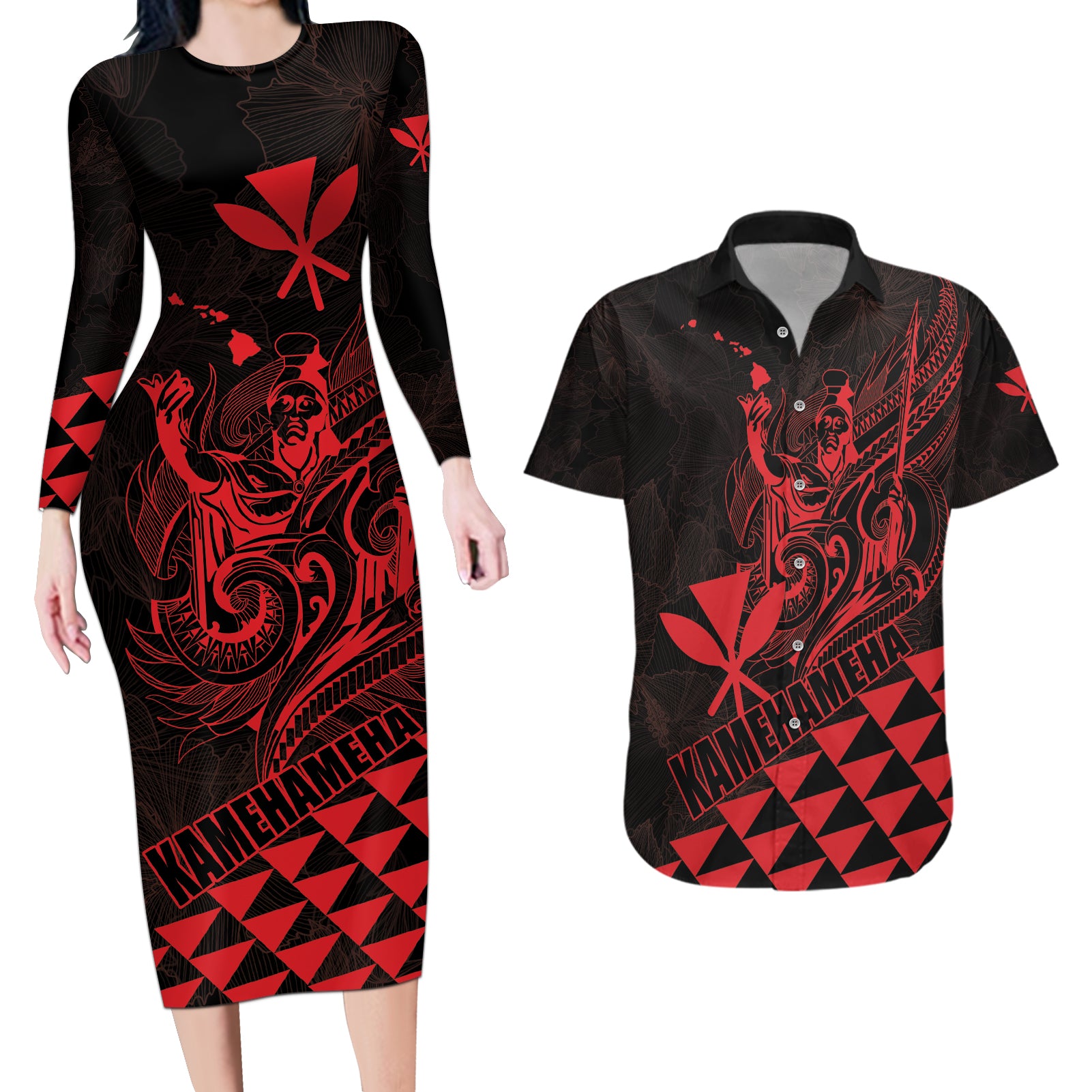 Personalized King Kamehameha Day Couples Matching Long Sleeve Bodycon Dress and Hawaiian Shirt Kakau Polynesian Pattern