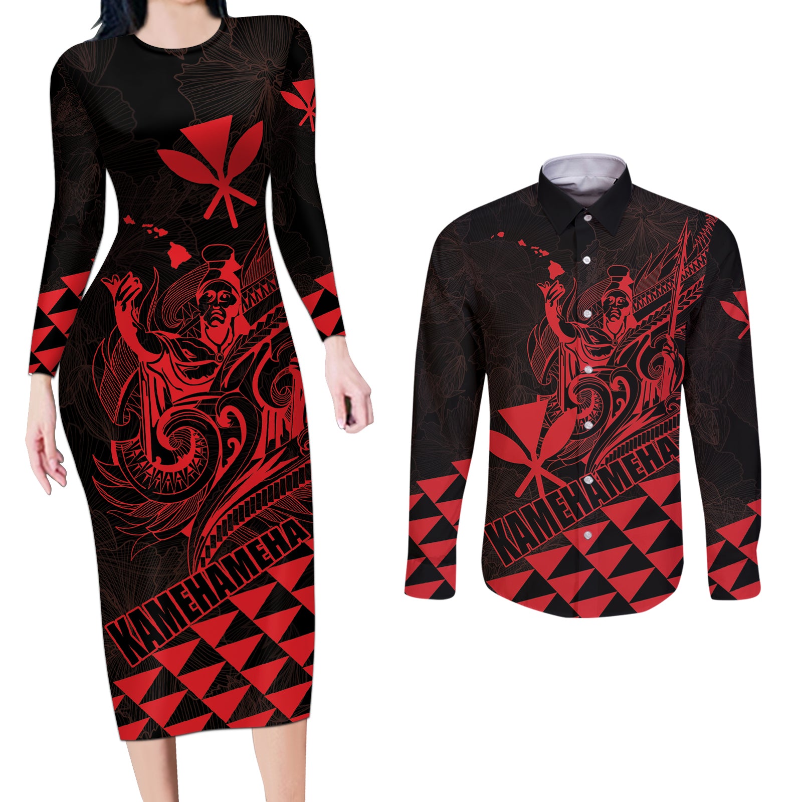 Personalized King Kamehameha Day Couples Matching Long Sleeve Bodycon Dress and Long Sleeve Button Shirt Kakau Polynesian Pattern LT01 Red - Polynesian Pride