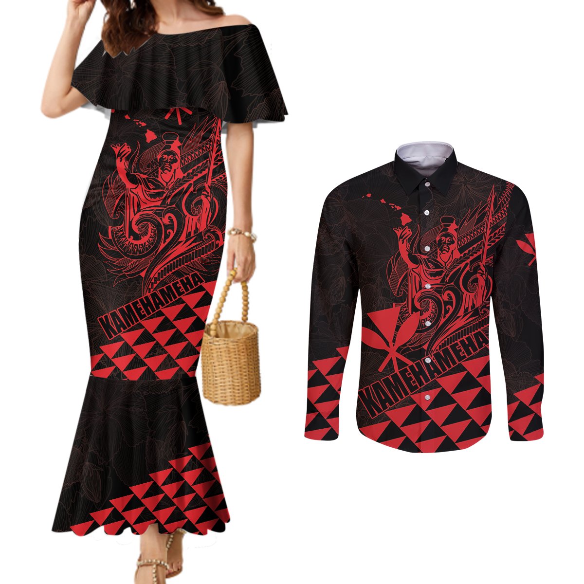 Personalized King Kamehameha Day Couples Matching Mermaid Dress and Long Sleeve Button Shirt Kakau Polynesian Pattern LT01 Red - Polynesian Pride