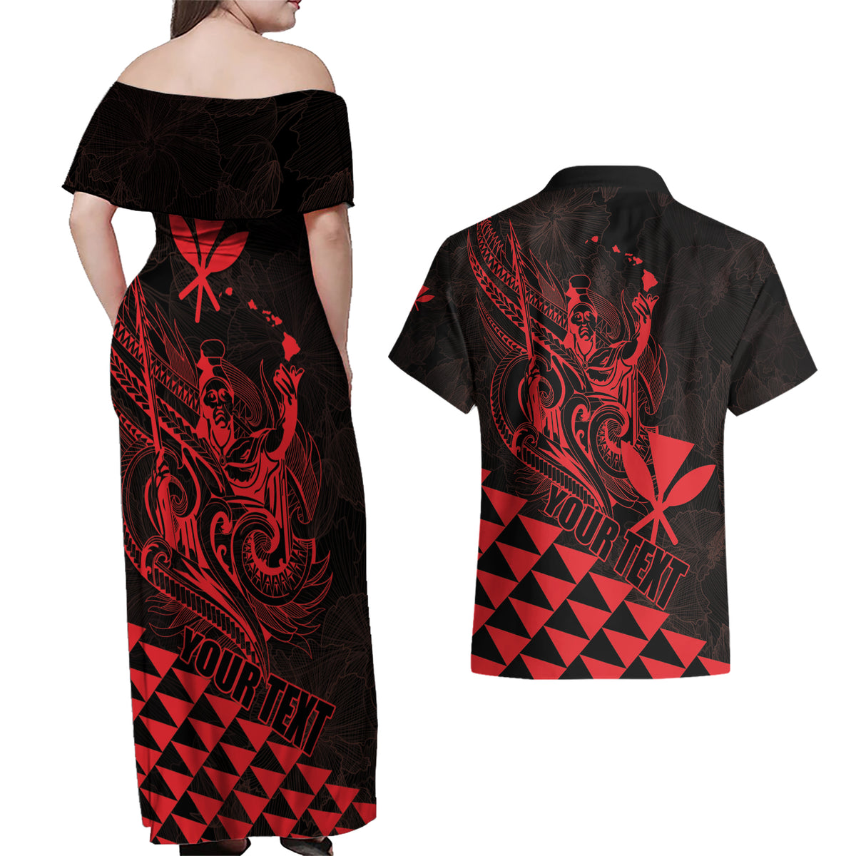 Personalized King Kamehameha Day Couples Matching Off Shoulder Maxi Dress and Hawaiian Shirt Kakau Polynesian Pattern