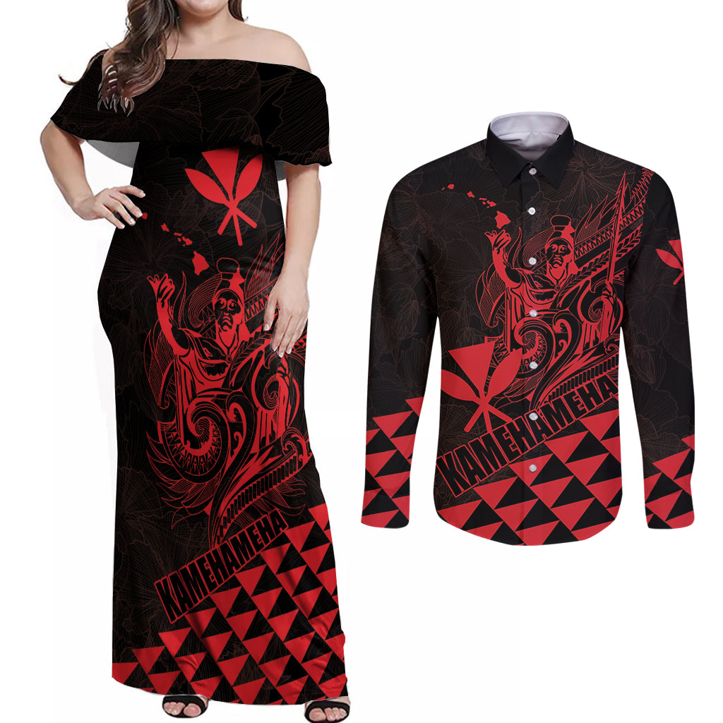 Personalized King Kamehameha Day Couples Matching Off Shoulder Maxi Dress and Long Sleeve Button Shirt Kakau Polynesian Pattern LT01 Red - Polynesian Pride