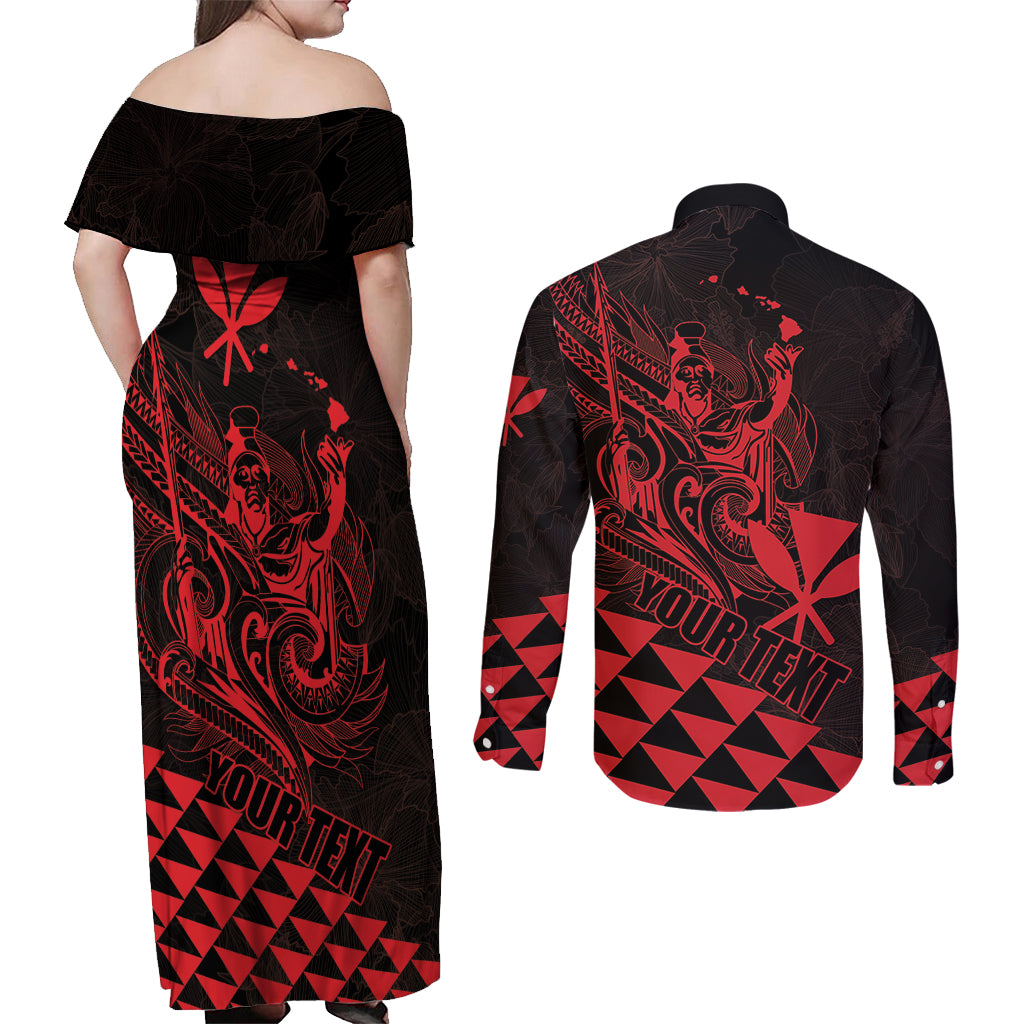 Personalized King Kamehameha Day Couples Matching Off Shoulder Maxi Dress and Long Sleeve Button Shirt Kakau Polynesian Pattern LT01 - Polynesian Pride