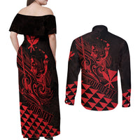 Personalized King Kamehameha Day Couples Matching Off Shoulder Maxi Dress and Long Sleeve Button Shirt Kakau Polynesian Pattern LT01 - Polynesian Pride