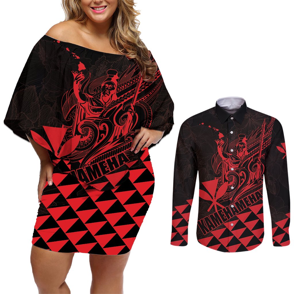 Personalized King Kamehameha Day Couples Matching Off Shoulder Short Dress and Long Sleeve Button Shirt Kakau Polynesian Pattern LT01 Red - Polynesian Pride