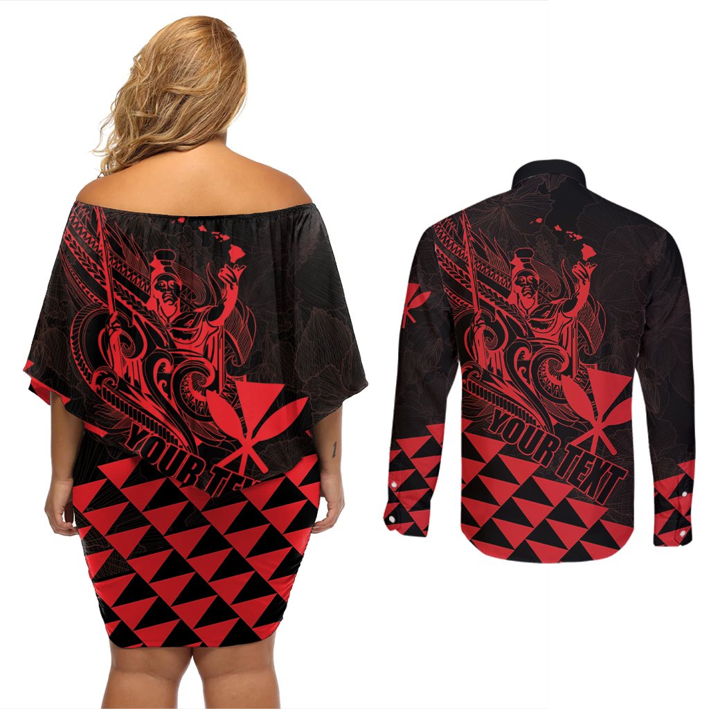 Personalized King Kamehameha Day Couples Matching Off Shoulder Short Dress and Long Sleeve Button Shirt Kakau Polynesian Pattern LT01 - Polynesian Pride