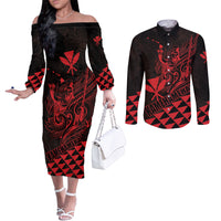 Personalized King Kamehameha Day Couples Matching Off The Shoulder Long Sleeve Dress and Long Sleeve Button Shirt Kakau Polynesian Pattern LT01 Red - Polynesian Pride