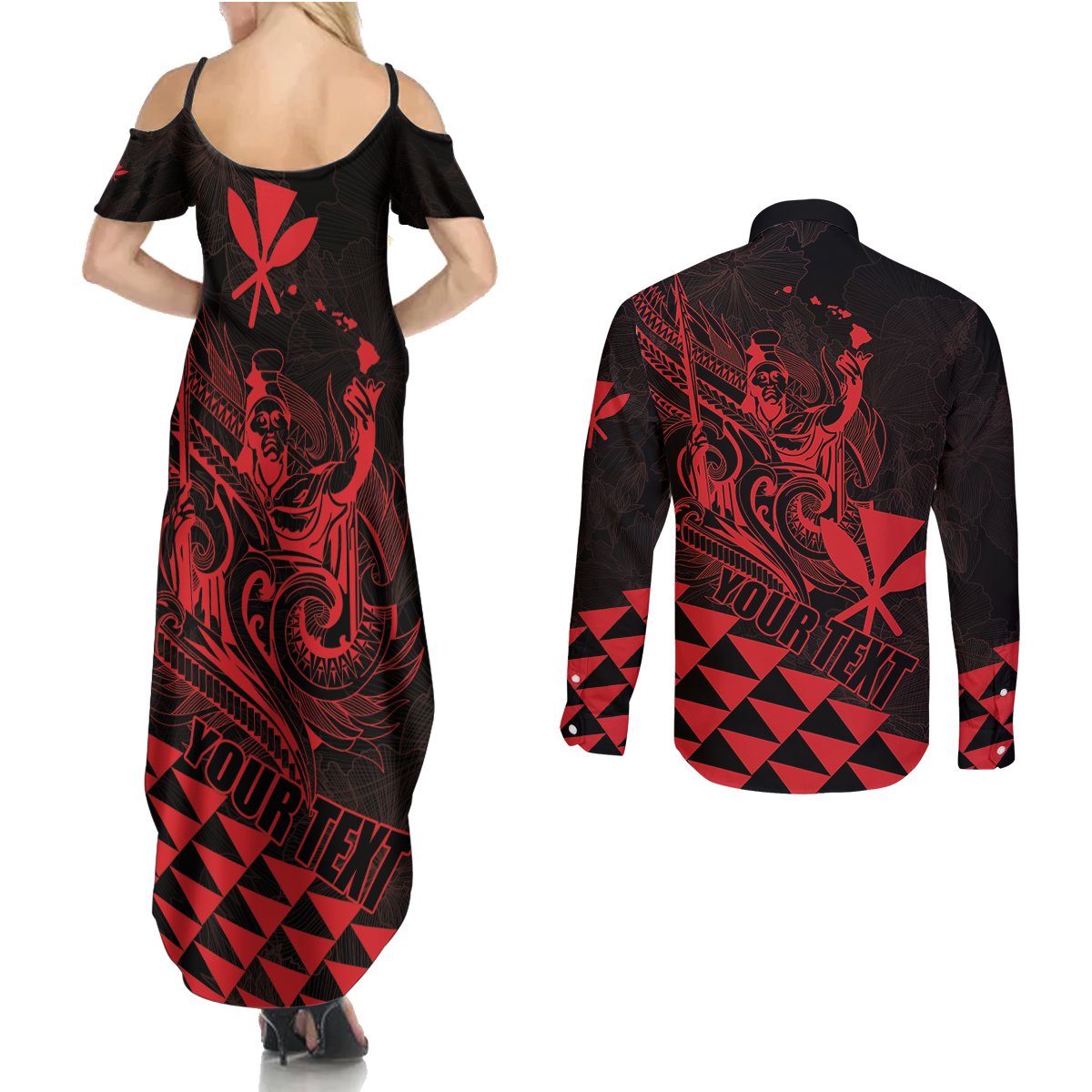 Personalized King Kamehameha Day Couples Matching Summer Maxi Dress and Long Sleeve Button Shirt Kakau Polynesian Pattern LT01 - Polynesian Pride