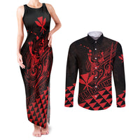 Personalized King Kamehameha Day Couples Matching Tank Maxi Dress and Long Sleeve Button Shirt Kakau Polynesian Pattern LT01 Red - Polynesian Pride