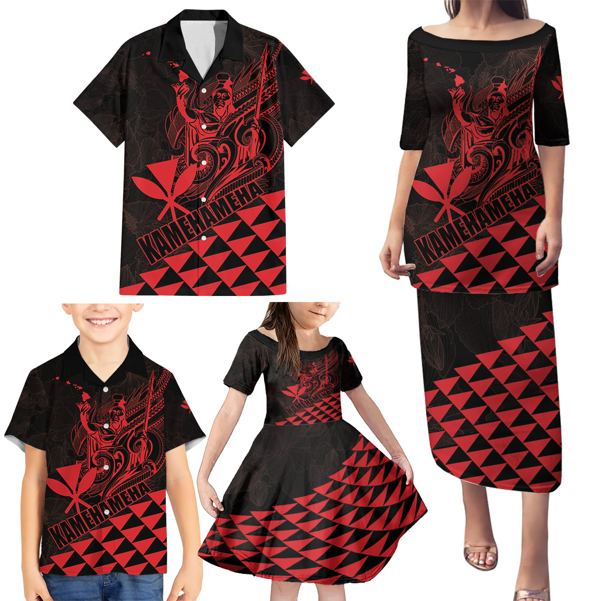 Personalized King Kamehameha Day Family Matching Puletasi and Hawaiian Shirt Kakau Polynesian Pattern