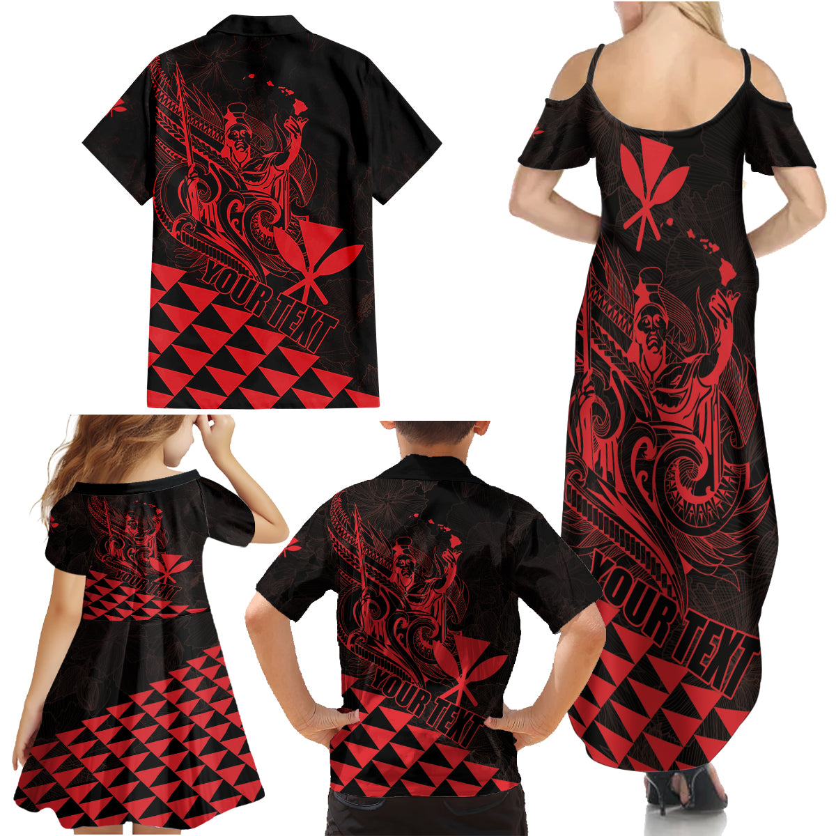 Personalized King Kamehameha Day Family Matching Summer Maxi Dress and Hawaiian Shirt Kakau Polynesian Pattern