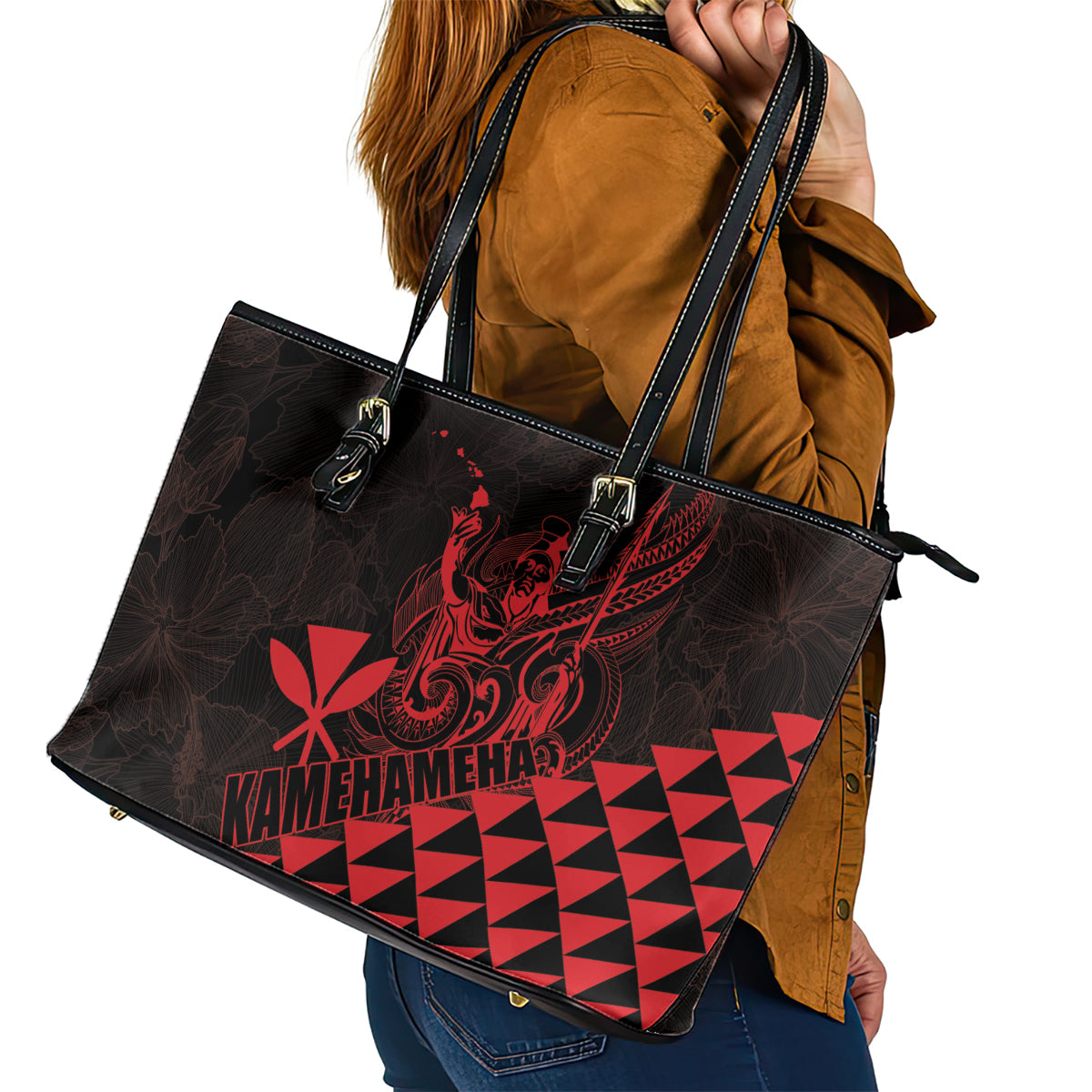 King Kamehameha Day Leather Tote Bag Kakau Polynesian Pattern LT01 - Polynesian Pride