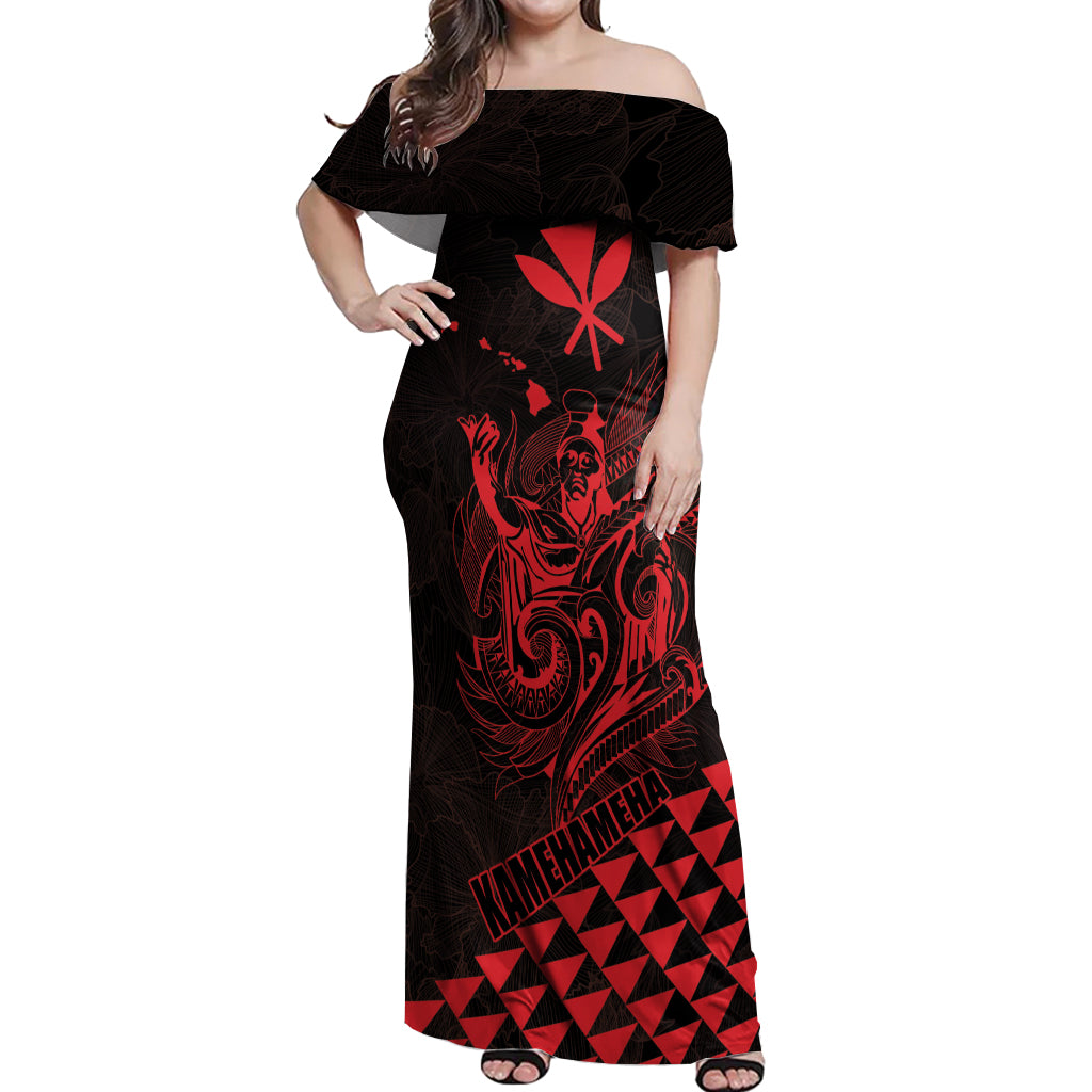 Personalized King Kamehameha Day Off Shoulder Maxi Dress Kakau Polynesian Pattern LT01 Women Red - Polynesian Pride