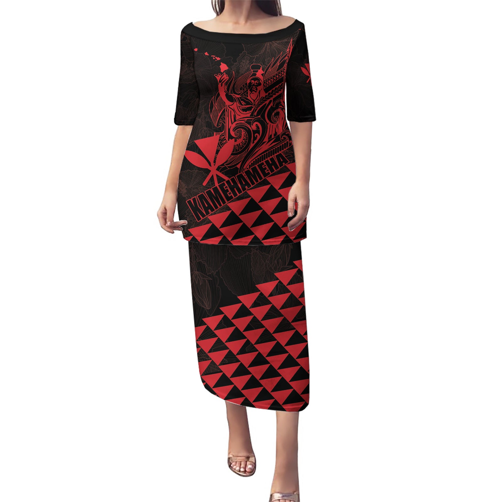 Personalized King Kamehameha Day Puletasi Kakau Polynesian Pattern LT01 Long Dress Red - Polynesian Pride