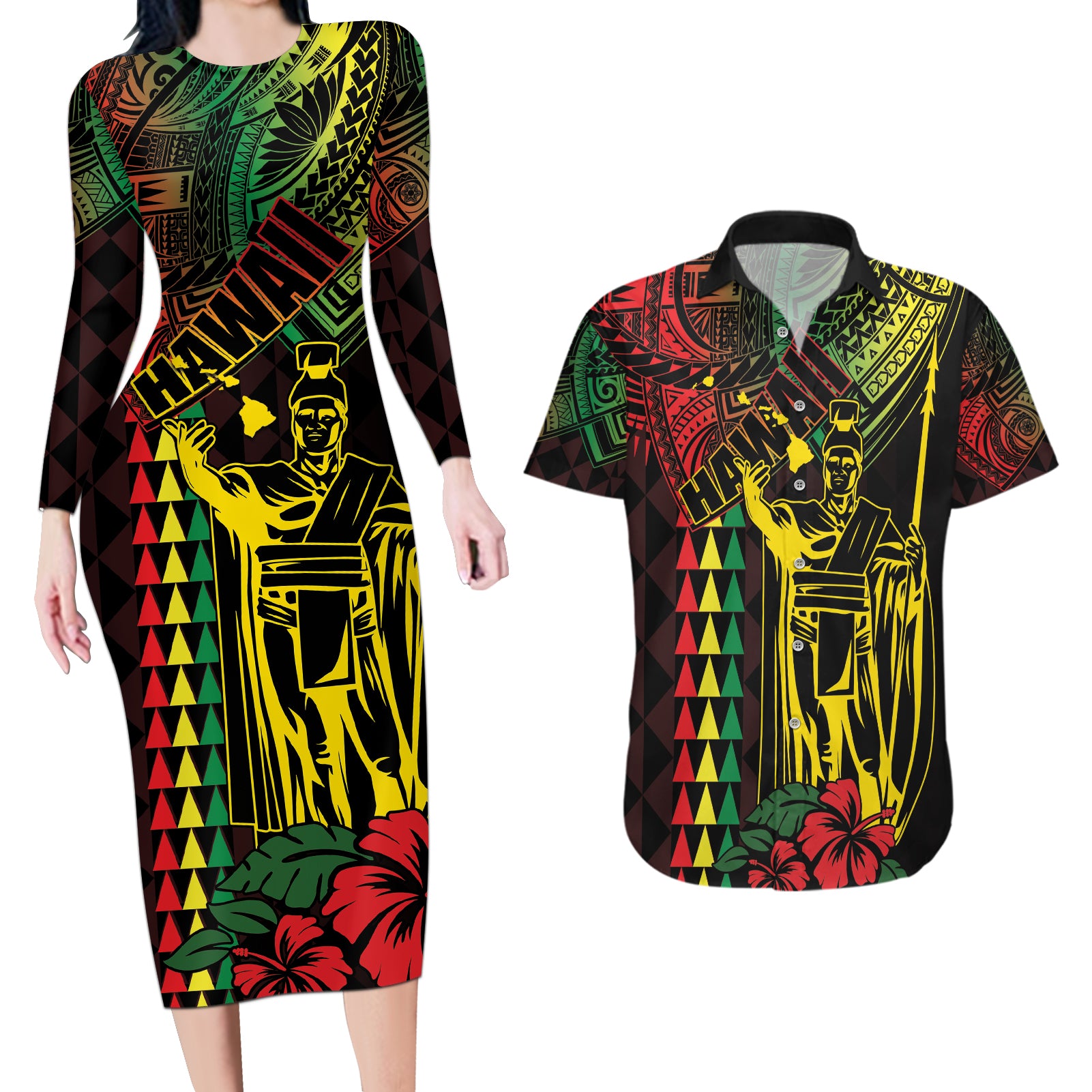 King Kamehameha Day Couples Matching Long Sleeve Bodycon Dress and Hawaiian Shirt Hawaii Kakau Reggae