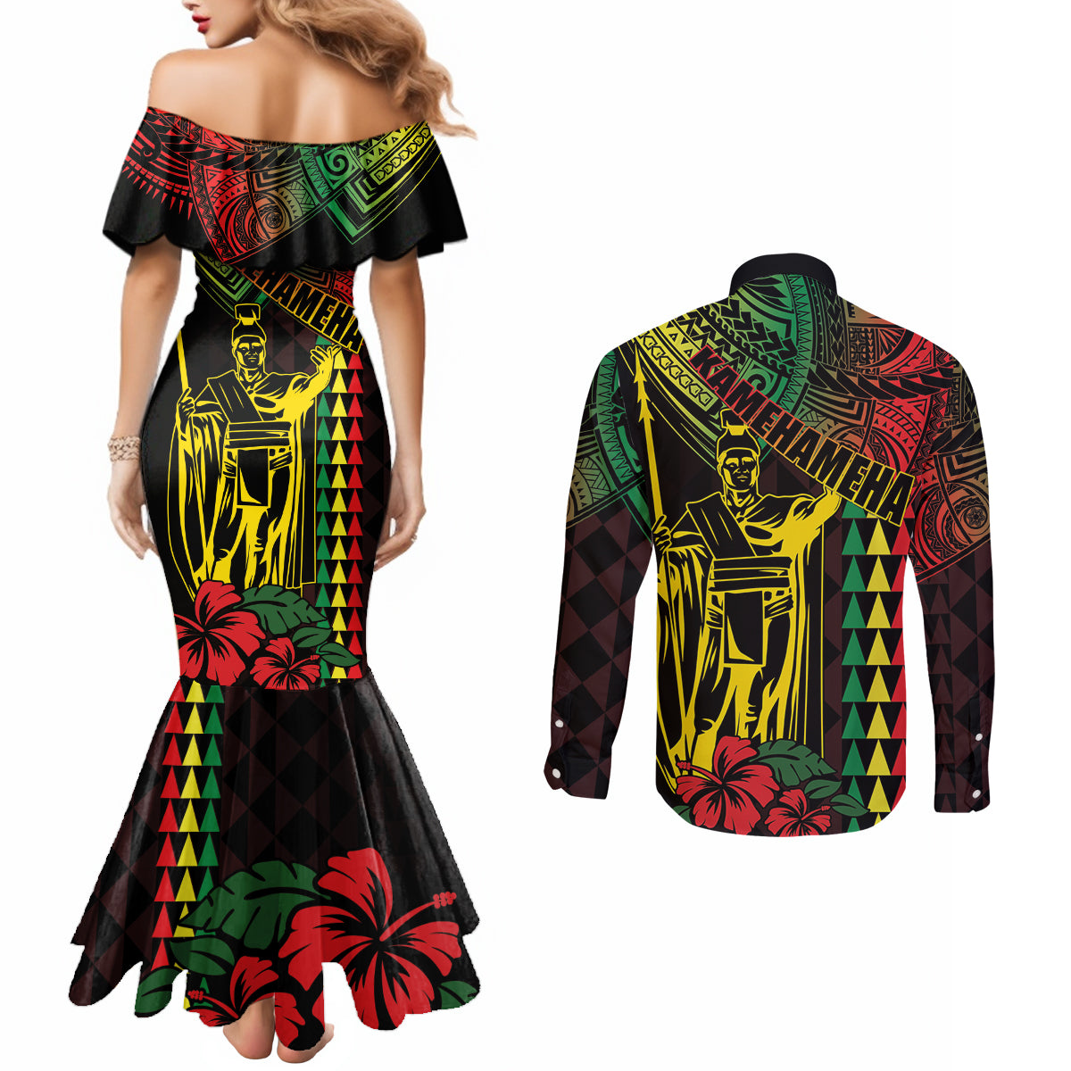 King Kamehameha Day Couples Matching Mermaid Dress and Long Sleeve Button Shirt Hawaii Kakau Reggae
