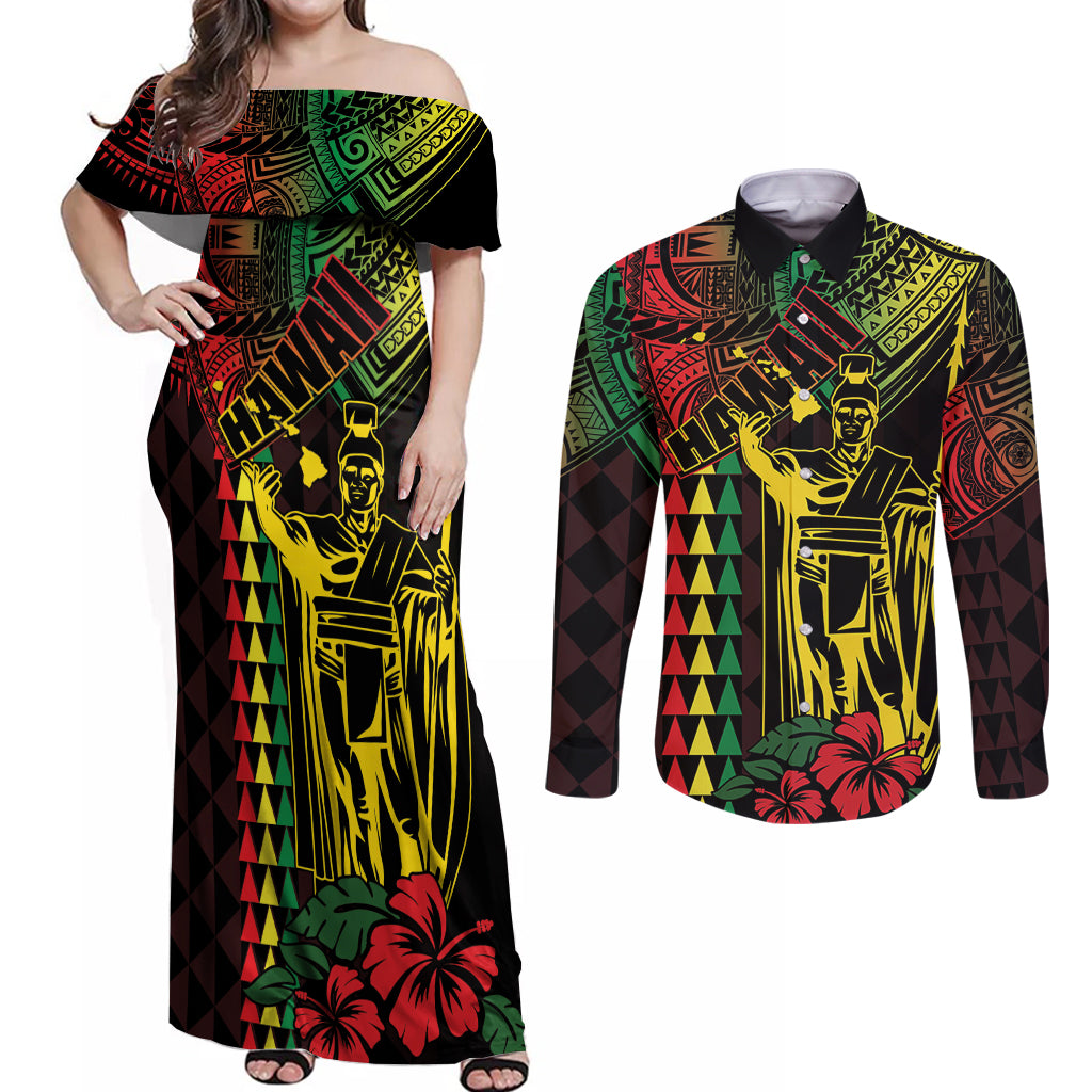 King Kamehameha Day Couples Matching Off Shoulder Maxi Dress and Long Sleeve Button Shirt Hawaii Kakau Reggae