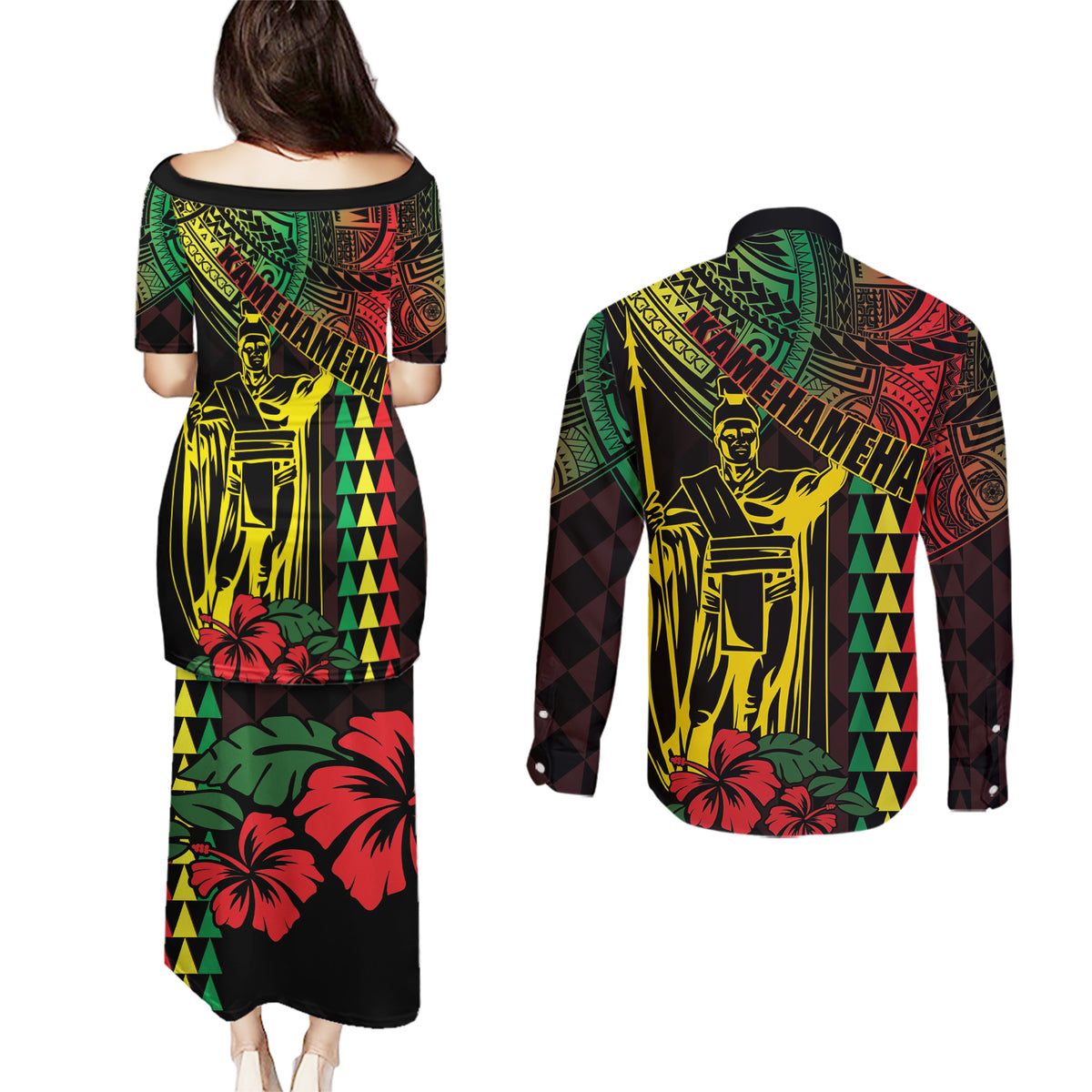 King Kamehameha Day Couples Matching Puletasi and Long Sleeve Button Shirt Hawaii Kakau Reggae