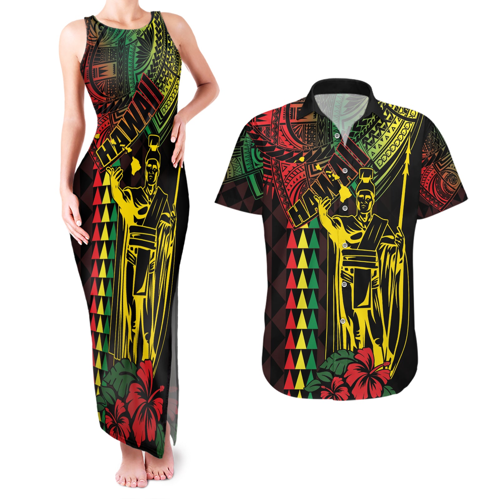 King Kamehameha Day Couples Matching Tank Maxi Dress and Hawaiian Shirt Hawaii Kakau Reggae