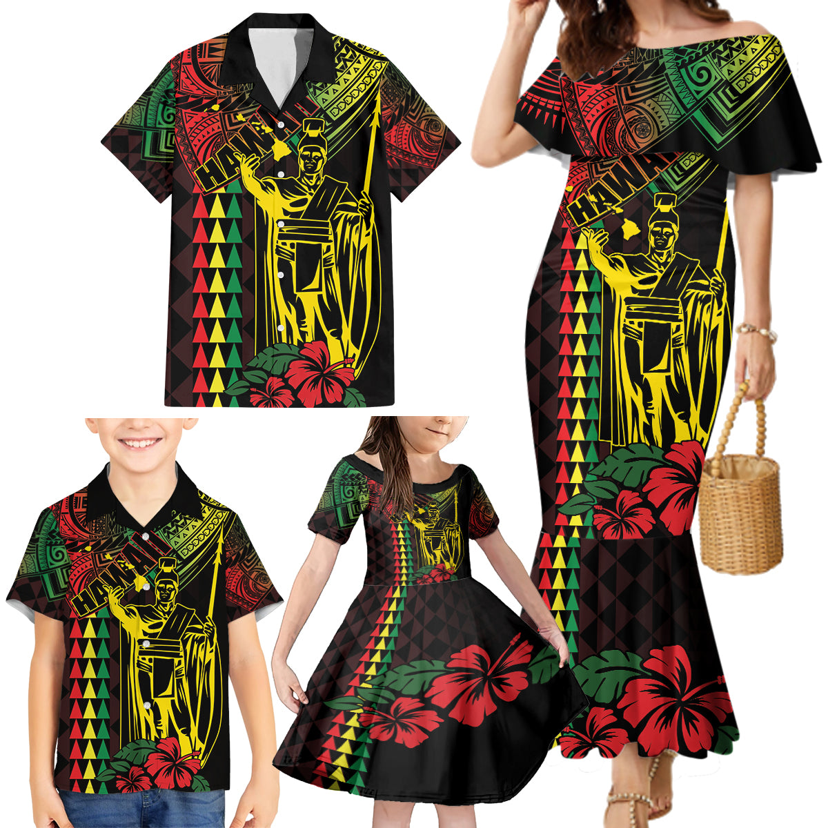 King Kamehameha Day Family Matching Mermaid Dress and Hawaiian Shirt Hawaii Kakau Reggae