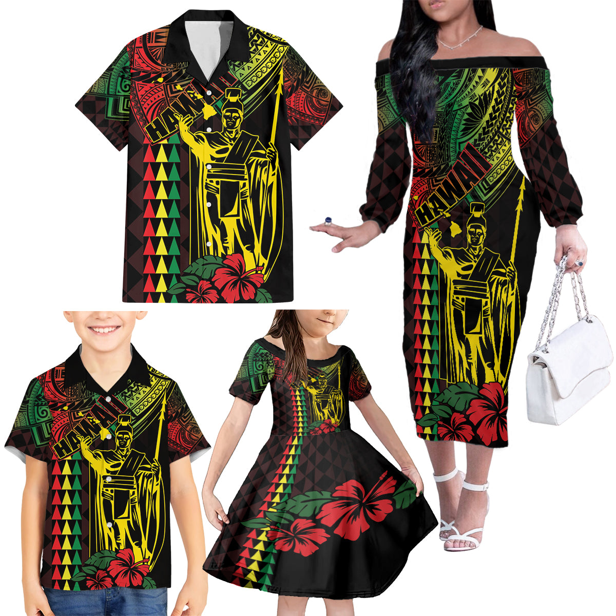 King Kamehameha Day Family Matching Off The Shoulder Long Sleeve Dress and Hawaiian Shirt Hawaii Kakau Reggae