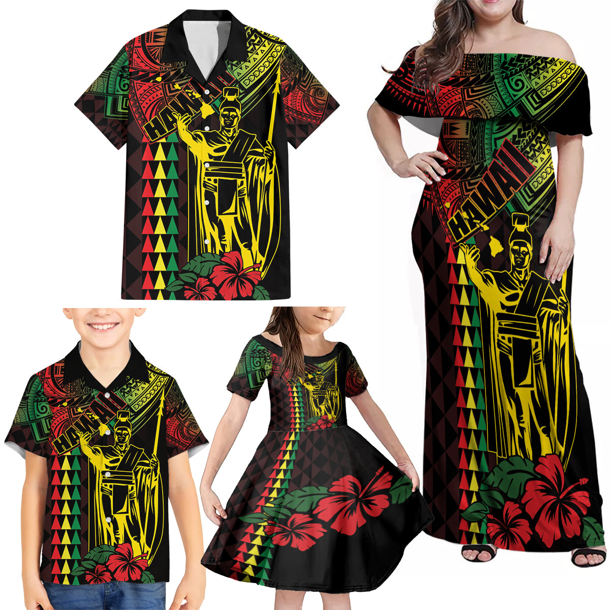 King Kamehameha Day Family Matching Off Shoulder Maxi Dress and Hawaiian Shirt Hawaii Kakau Reggae