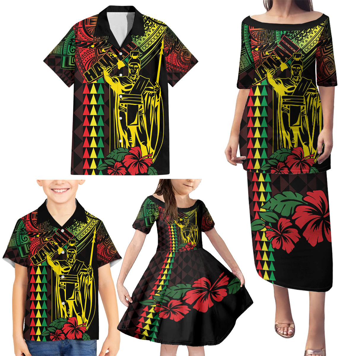 King Kamehameha Day Family Matching Puletasi and Hawaiian Shirt Hawaii Kakau Reggae