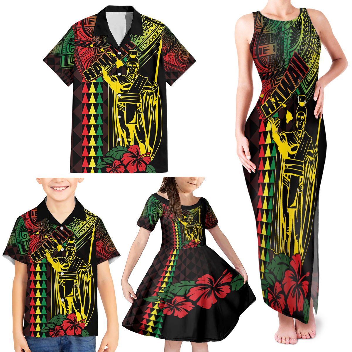 King Kamehameha Day Family Matching Tank Maxi Dress and Hawaiian Shirt Hawaii Kakau Reggae