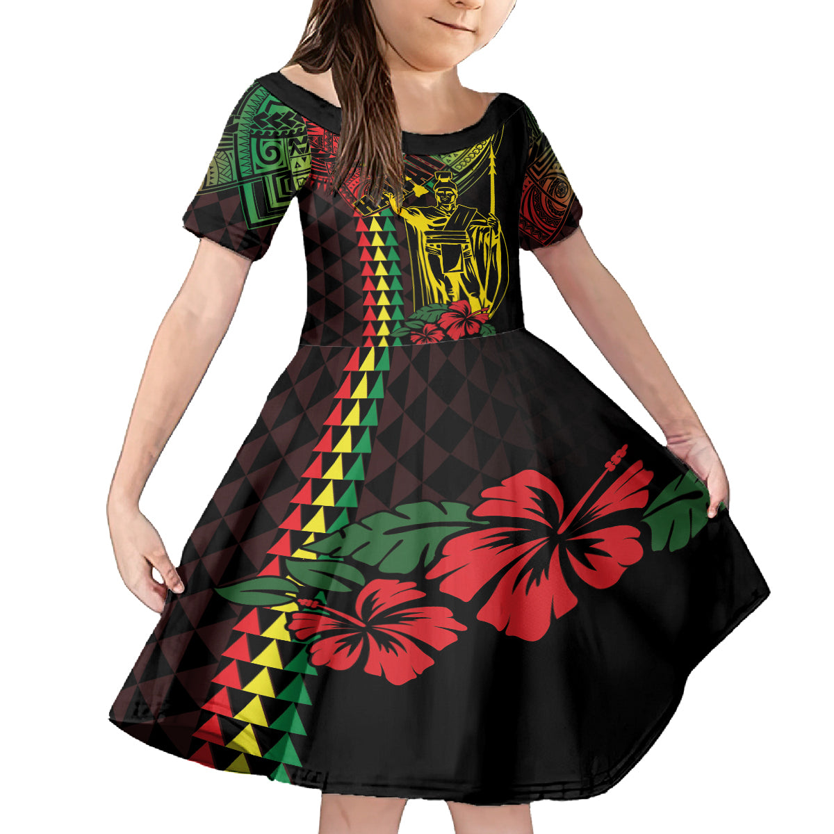 King Kamehameha Day Kid Short Sleeve Dress Hawaii Kakau Reggae
