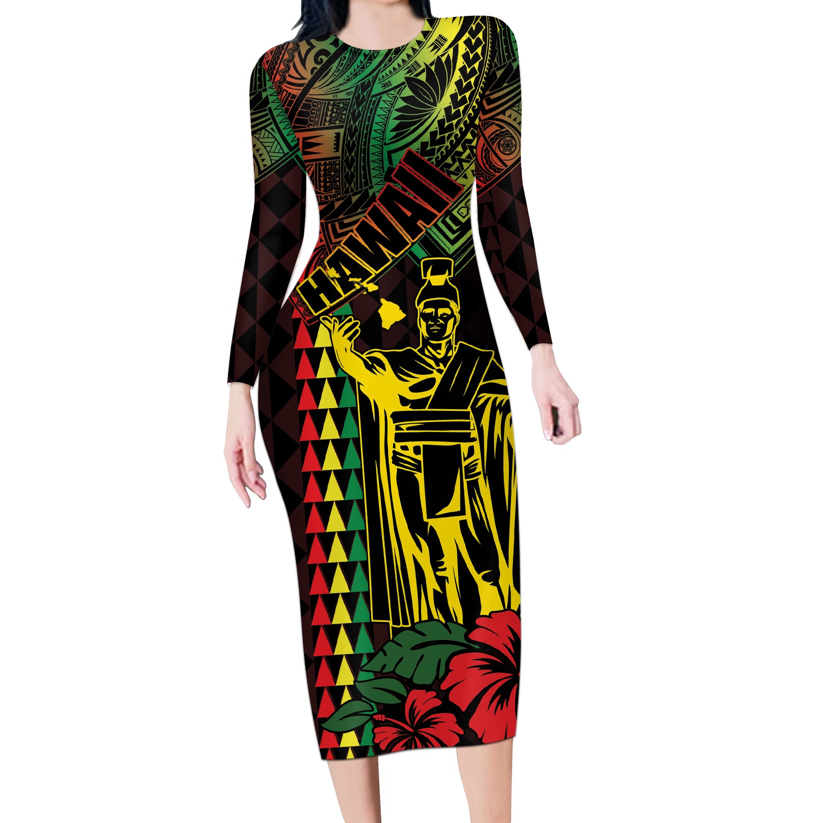 King Kamehameha Day Long Sleeve Bodycon Dress Hawaii Kakau Reggae