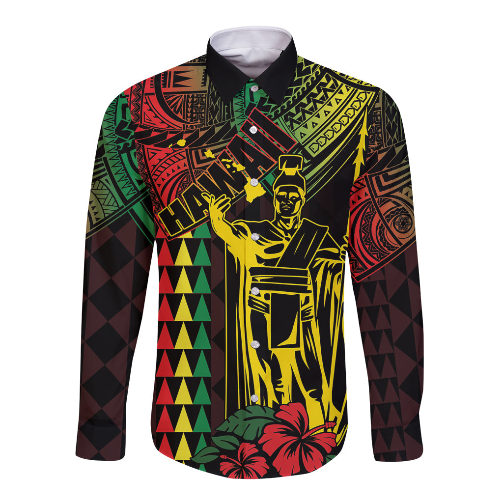 King Kamehameha Day Long Sleeve Button Shirt Hawaii Kakau Reggae