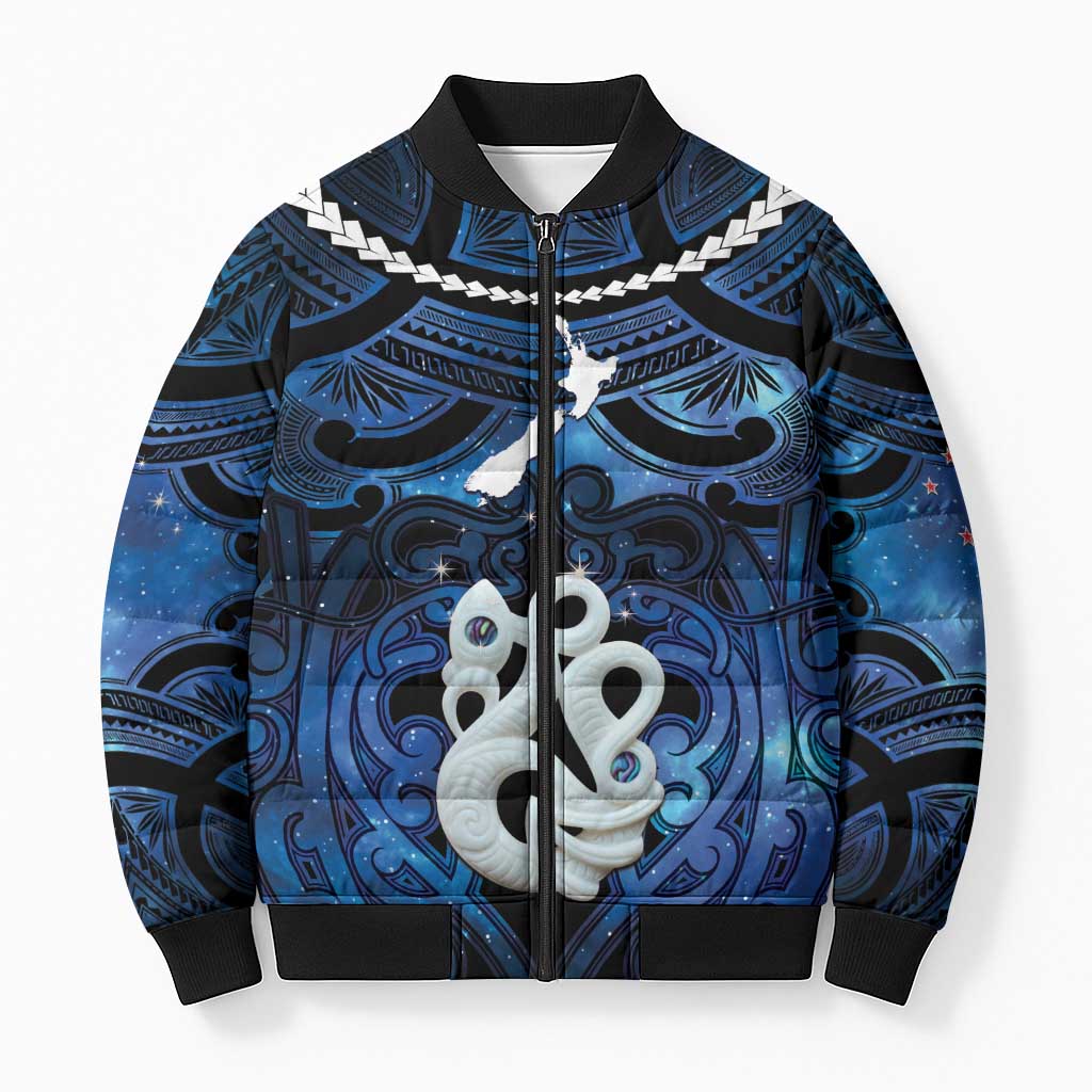 Personalized Maori Matariki Manaia Bomber Puffer Jacket Maori Kowhaiwhai Pattern Galaxy LT01 Unisex Blue - Polynesian Pride
