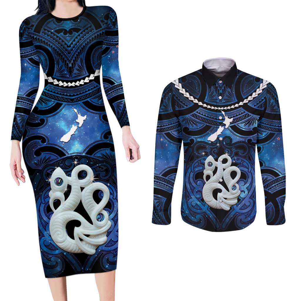 Personalized Maori Matariki Manaia Couples Matching Long Sleeve Bodycon Dress and Long Sleeve Button Shirt Maori Kowhaiwhai Pattern Galaxy LT01 Blue - Polynesian Pride